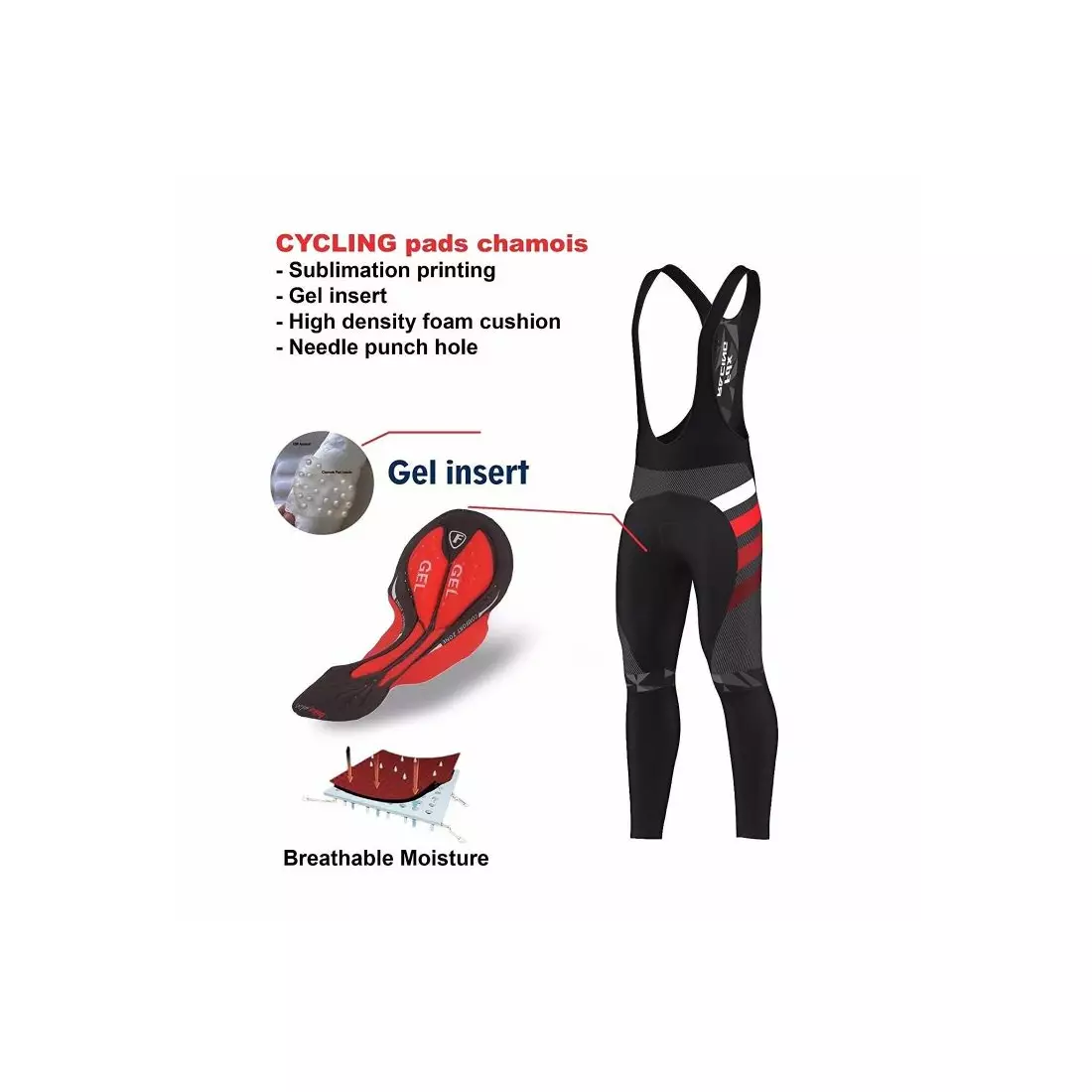 FDX 1260 pantaloni izolați pentru ciclism cu bretele, negru și roșu