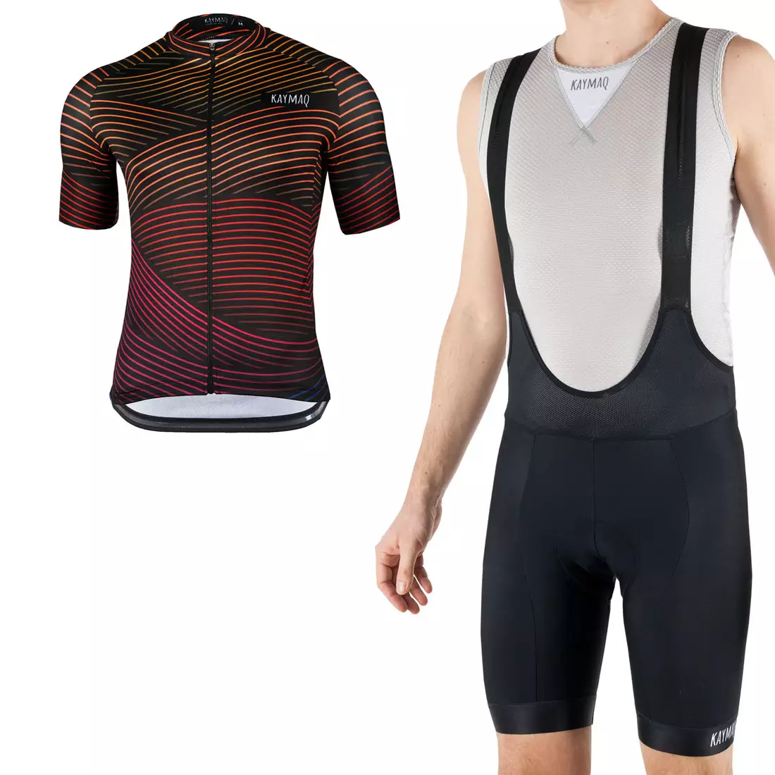 [Set] KAYMAQ M52 RACE tricou de bărbați pentru ciclism cu mâneci scurte + KAYMAQ DESIGN KYB-0012 pantaloni scurți pentru bărbați, cu bretele, culoare: negru