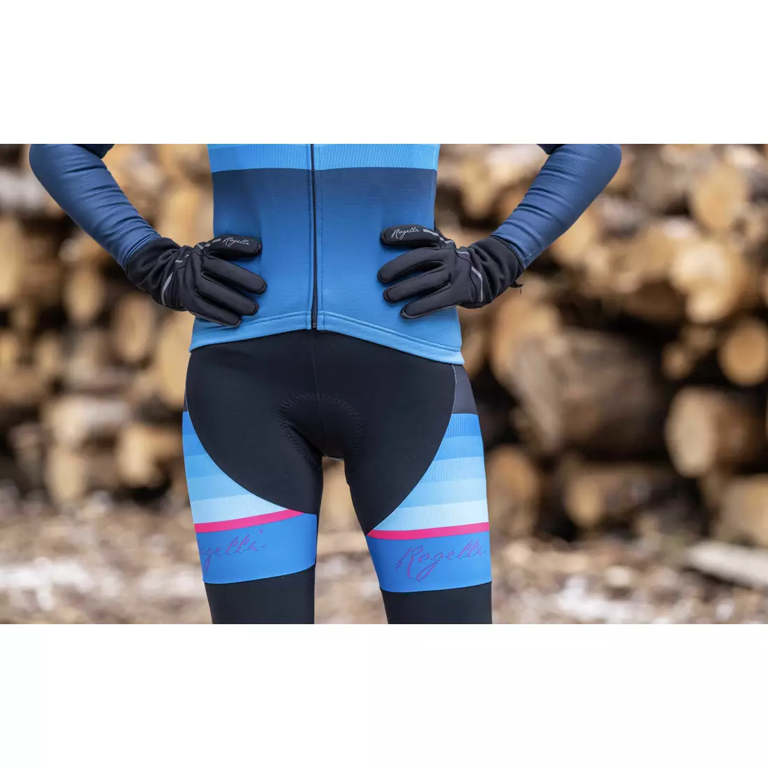 Pantaloni izolați pentru ciclism de damă Rogelli cu bretele IMPRESS II, albastru și roz